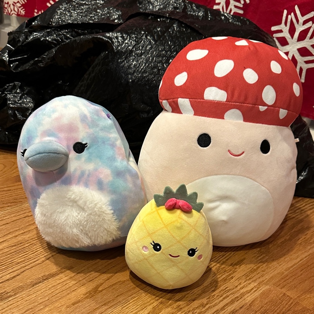 Set of 3 Squishmallows - mushroom, platypus & pineapple
